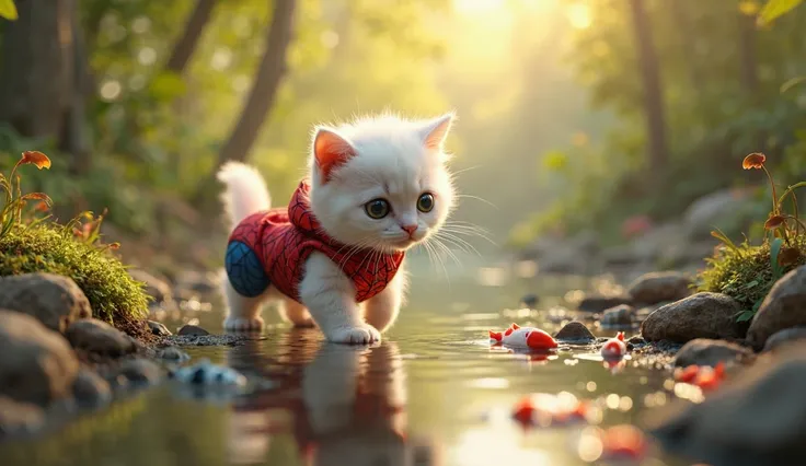 A cute white kitty wearing spider Man uniform walking towards a beautiful river filled with fish  in forest afternoon 