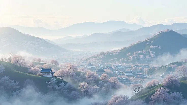 Chayama in the hills，High and low，The view is a sea of clouds，There are irregular cherry blossoms blooming in Dasan， photography style