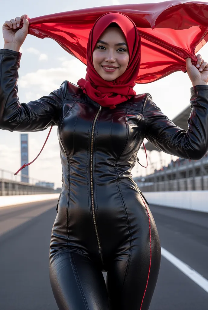 Create a photorealistic image. Capture a stunning 20-year-old Indonesian woman with an hourglass petite figure, flaunting massive round breasts in a tight leather suit that accentuates her curves. She stands confidently at a circuit race track, holding a s...