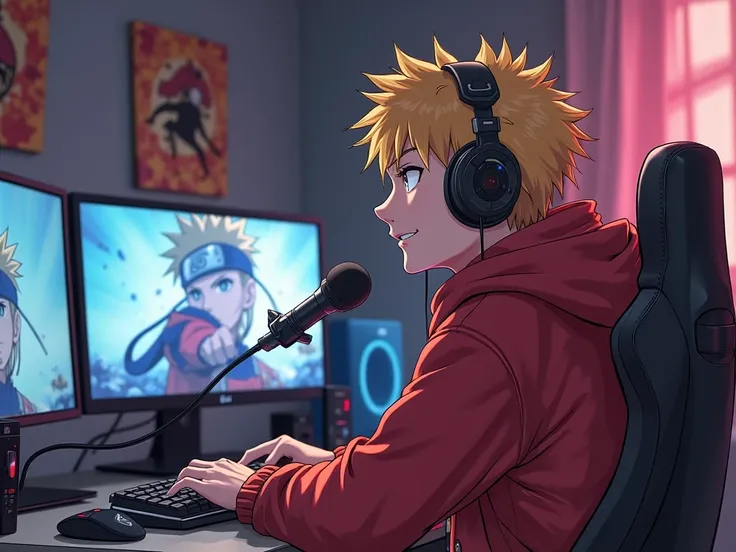 "Create a anime boy who have a  mature looking like a man facing in front  he is a  YouTube content creator, sitting in his studio with futuristic gadgets, and there is mic near him ,wearing red hoodie, smiling, and there is 2 posters of naruto in his room...