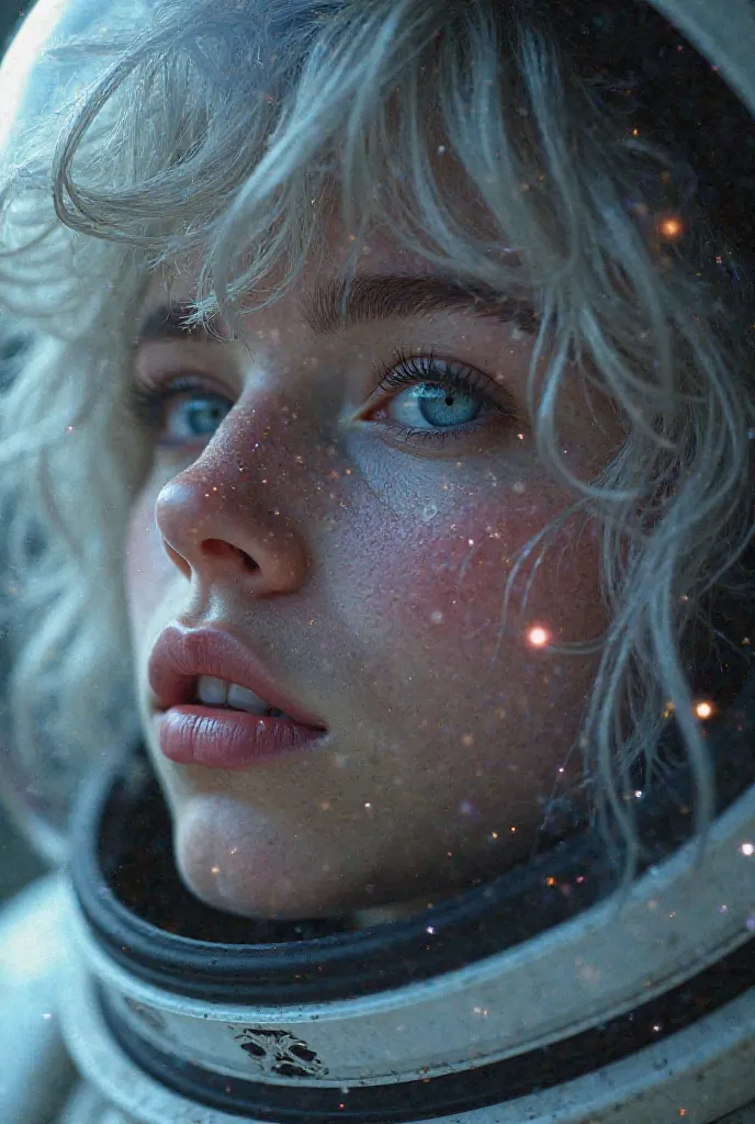 (Close-up of a better masterpiece:1.5)0.9], (Space and astronauts:1.2) (Messy silver hair:1.1) (Heterochromia xanthochromia and blue eyes:1.2) (Space Helmet:1.0) (Colored stars in the eyes:1.0) (A radiant glow:1.1) (thick lips:0.9)