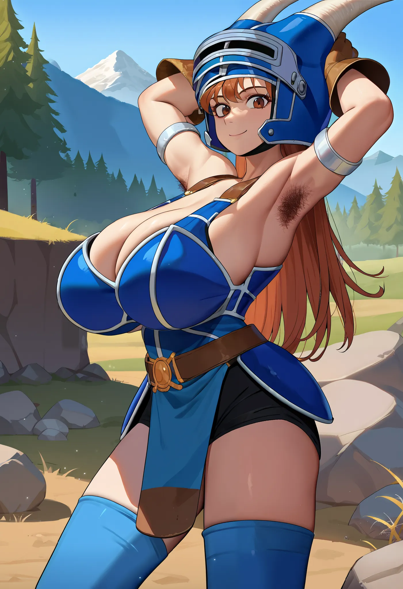 score_9, score_8_up, score_7_up, source_anime, solo, 1girl, dqdaisy, smile, looking at viewer, brown hair, brown eyes, blue armor, (horn helmet), belt, armlet, brown gloves, blue thighhighs, bare shoulders, cleavage, outdoors, trees, rock walls, grasses, m...