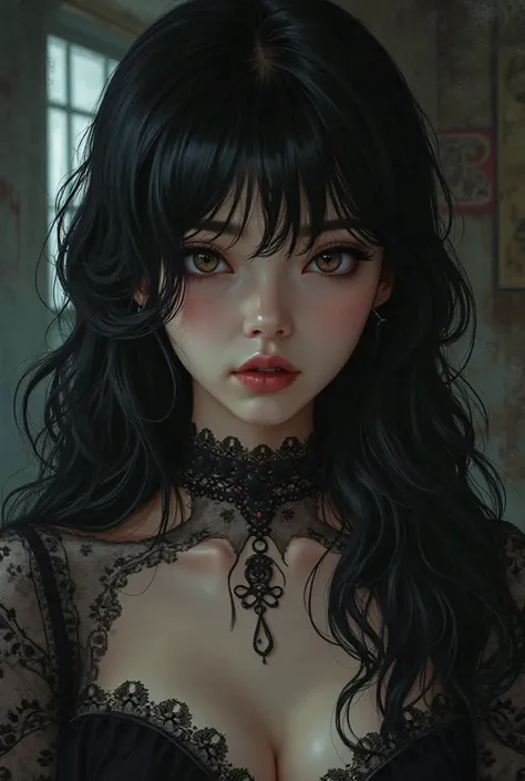 vintage anime style, woman, black hair, goth