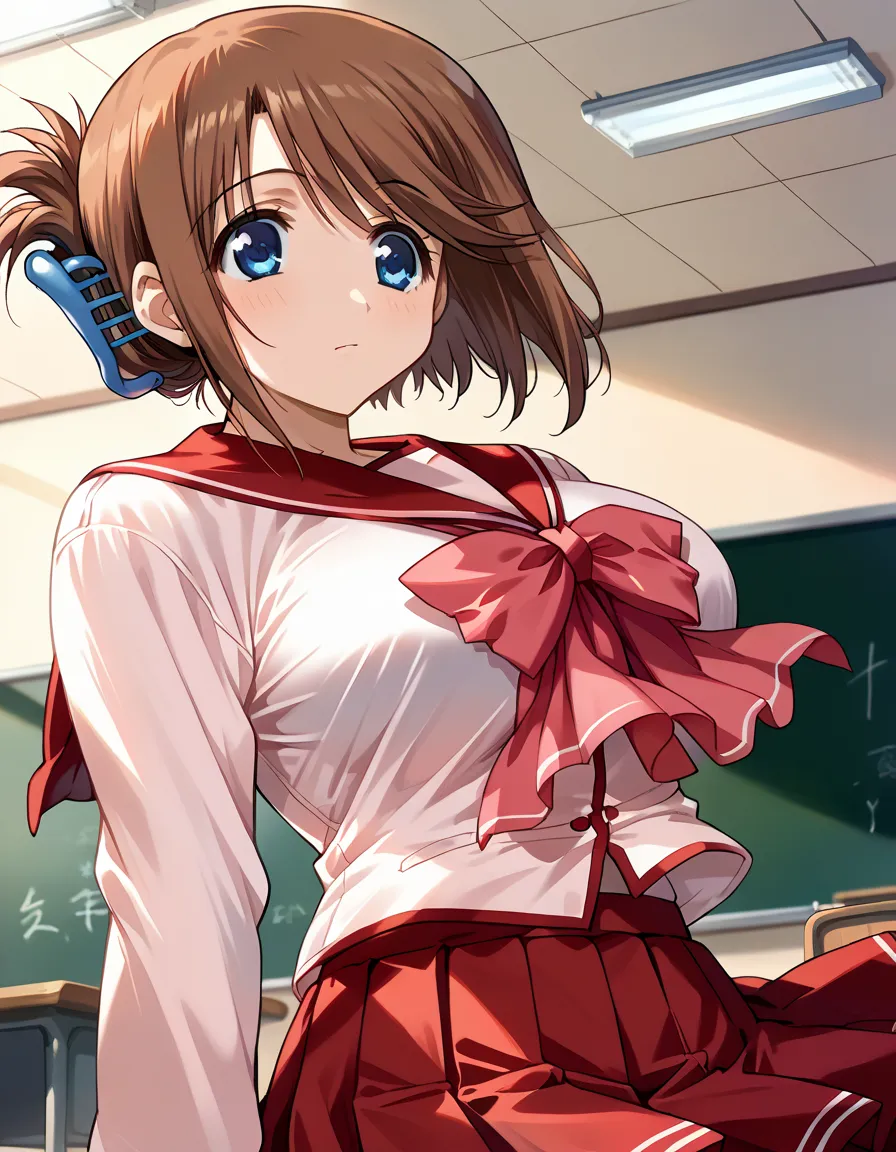  score_9,  score_8_up,  score_7_up,  source_Anime BREAK 1GIRL, Alone, To my heart _horn, from below, foot, big breasts, brown hair, bangs, folded ponytail, Blue hair ornament,  short hair,  viewers, classroom,  cross your arms around your back,(((Komaki Ma...