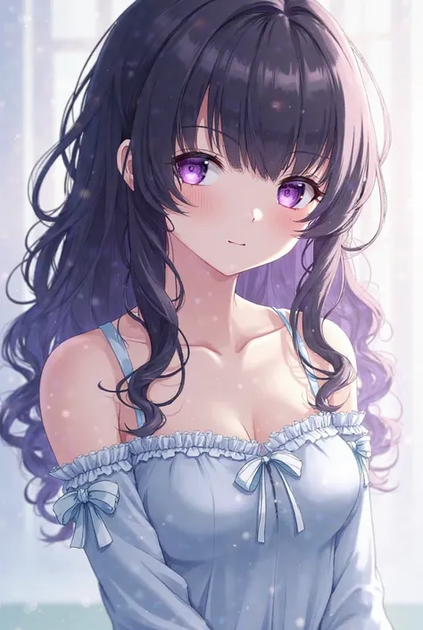 The character in the picture is a girl with long dark hair, curly, cover part of the face. Her eyes are striking purple, creates a mystical and seductive feeling.

She wears a light outfit She, in a light blue hue with delicate lace lines and bows, looks v...