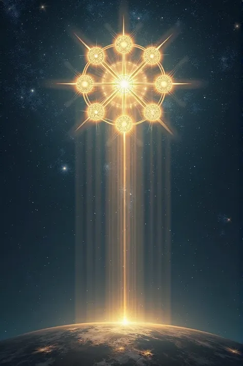 Creates a vertical image of Seven bright stars forming a circle in the sky, each with a unique symbol representing one of the seven churches, as rays of light descend toward Earth.