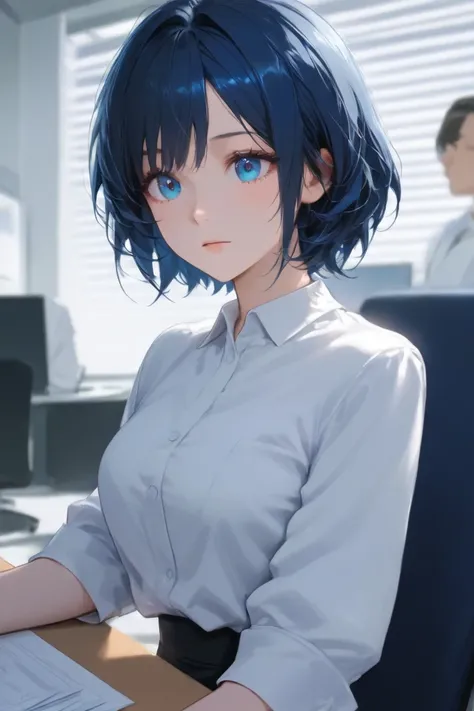 High quality animation,solo, 1 girl,  dark blue short hair, blue eyes, white short sleeve blouse,black skirt,big enough chest, office,Working,Multiple People