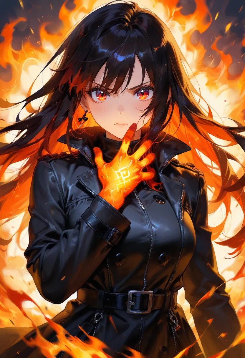 An anime woman stands in a burning melted ground filled.  She wears a cool long black coat and has very beautiful red eyes. afterglow  trail. beautiful black hair with red inner color. flames are burning and it shines red.  She was surrounded by intense fl...