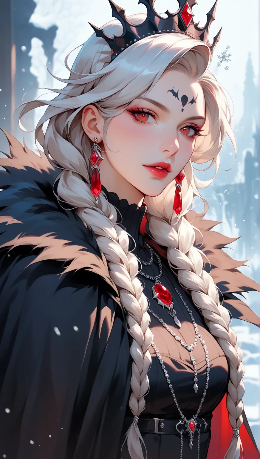 Score_9, Score_8_up, Score_7_up, Score_6_up, Score_5_up, Score_4_up, masterpiece, dark fantasy aesthetic, ethereal gothic queen, long wavy silver-white hair styled in two thick braids, adorned with black thorn-like crown accessories, piercing crimson-red e...