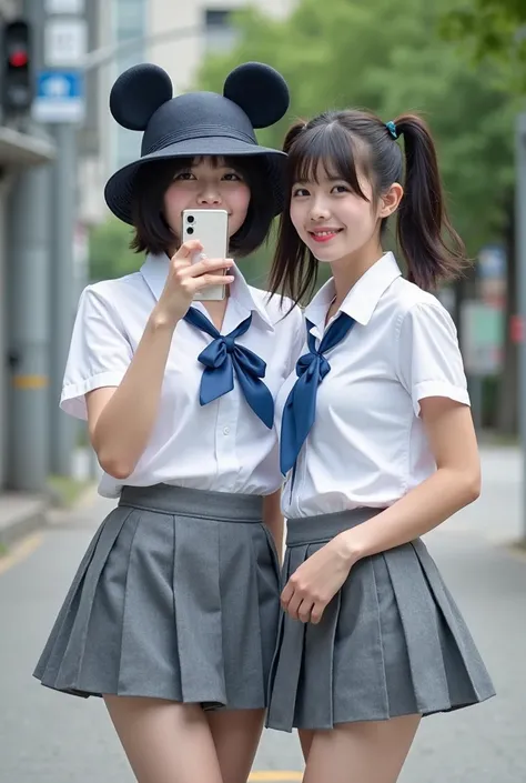 Two women、 Japanese、 about 20 years old、I'm wearing a hat with Mickey's ears、I hide my mouth from the camera on my cell phone、1 person ponytail、1 person twin tail、 white collared shirt、Blue ribbon、 gray pleated mini skirt、 dark hair、 real 、 photos、live-act...