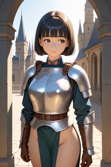 1girl, solo, standing, cowboy shot, 
BREAK girl, 22yo, short hair, bob cut, ear, (blunt bangs), black hair, (tareme:1.2), detailed cute brown eyes, curled eyelashes, (large breasts:0.8), 
beautiful eyes, beautiful face, 
female soldier, white plate armor, ...