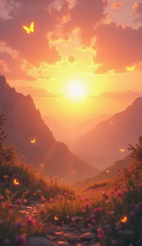 A glowing golden sun rising over a peaceful, enchanted valley. The sky is filled with warm pink and orange colors, and soft rays of light shine down, symbolizing a special and magical day. The scene looks dreamy, like a fairy tale, with small glowing butte...