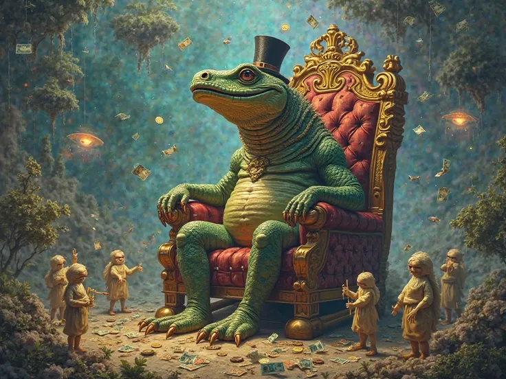 "An Surreal Image Analysis  filled with mystery and oddities. A colossal creature with the head of a monitor lizard and a humanoid body sits on an extravagant throne, wearing a small magical top hat and grinning with a look of greed and danger. Surrounding...