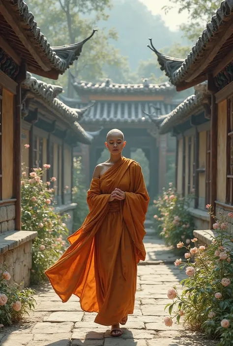 Buddhist Nun doing walking meditation in a monastery area 