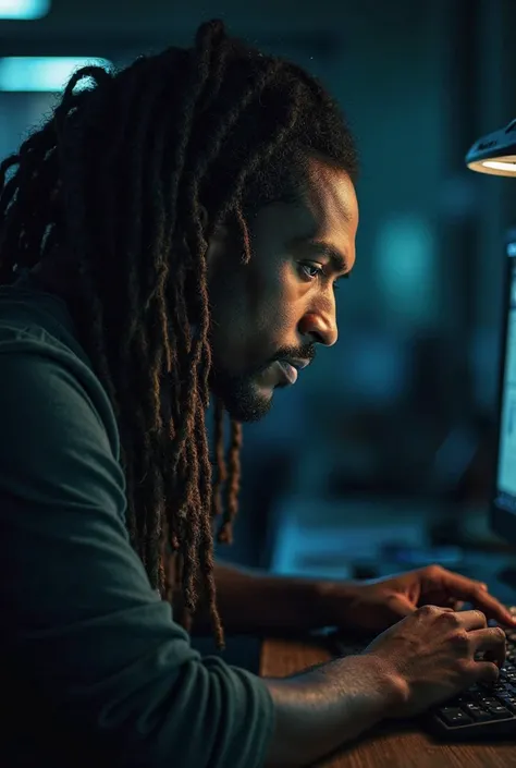 A handsome men from Papua New Guinea with very long dread locks sitting down listening to o music and busy doing his work on a night shift..