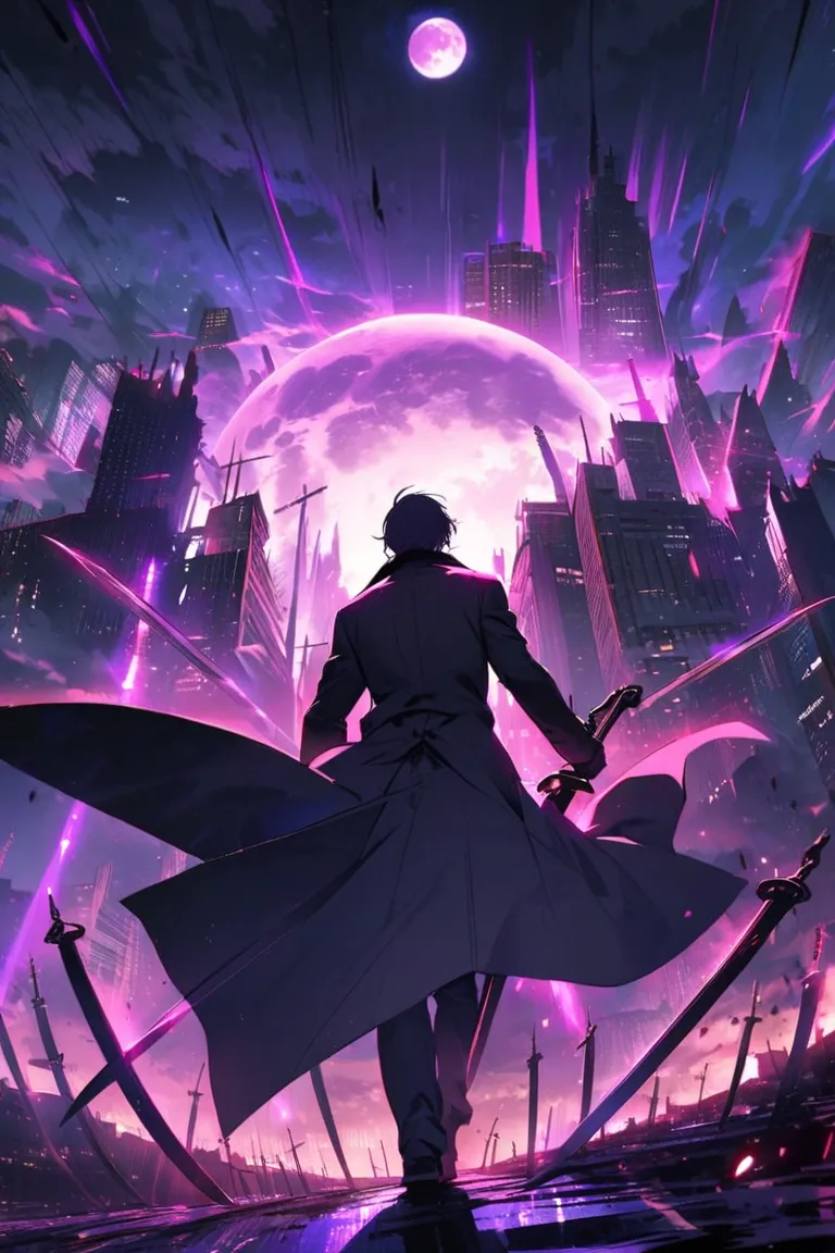 dynamic scene, with a full moon scene in the background, illuminated by a red and purple light, with several dark swords pointed downwards, rotating the swords, surrounding the city's sky, long swords of symmetrical size, while, a single man, wearing an ov...