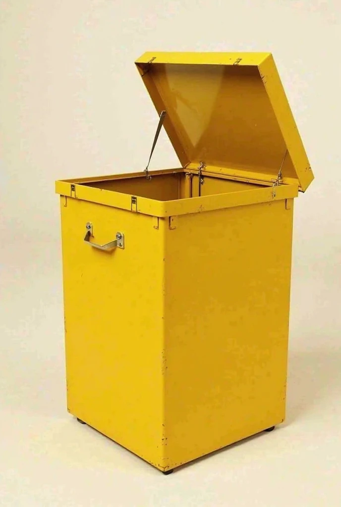 Create an image of a storage box made of steel/Metal, In the color yellow, with about 1,6 cubic meters, square, enter information as: "box 42", símbolo de radiação ☢️, Leave the lid on the top of the box, half open