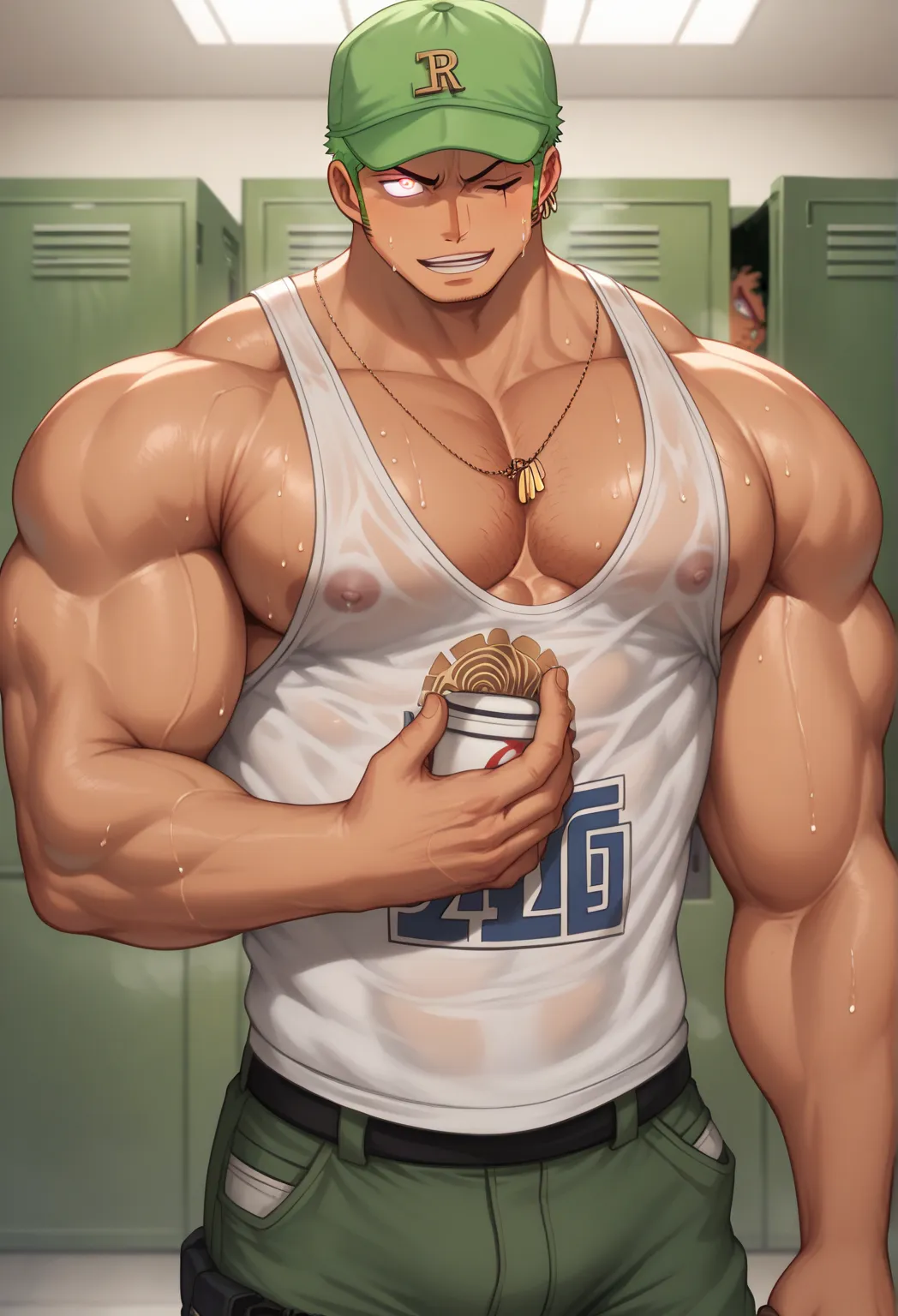 Roronoa Zoro, tanned skin, buzz cut, baseball cap backwards, sports tank, cargo pants, muscular, muscles, big biceps, broad shoulders, massive pecs, sweaty, hairy chest, glowing golden spiral in the eyes, blank expression, vacant stare, hypnotized, brainwa...