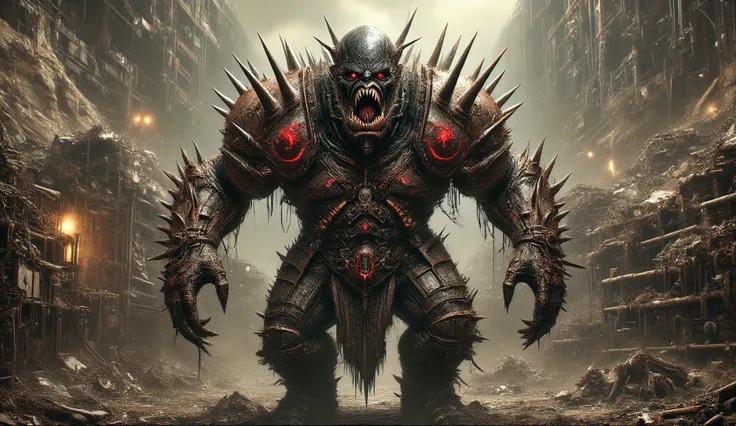 A large black cyborg orc with two mechanical arms. Huge iron gloves with sharp spikes. They are covered with red shining cracks. The orc is bald, with pointed ears. He's clad in dirty old absurd armor made of rusty scrap metal with red patterns. He stands ...