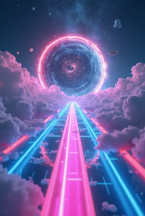 A futuristic and surreal neon-lit maze floating in the clouds, leading to a glowing portal with a swirling galaxy at its center. The neon pink and blue pathways pulsate with energy. The sky is filled with cosmic elements, distant planets, and dreamy nebula...