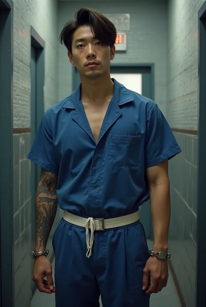 Imprisoned, I'm wearing a blue jumpsuit , One sexy Korean guy,   muscular,  handsome, 45-year-old male  ,  185 cm tall  , I have a big tattoo on my arm, They're in a cell , Front view, super sexy ass, The whole body was tied to a white belt, Trouser fit th...