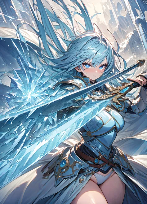 ((( masterpiece, Highest quality, High Precision, 16k))), A girl holding a sword in her hand, female goddess, 豪華なsword, ice frozen sword,  Plate Sword , (close-up of sword),  pale blue eyes , light blue hair, big breasted, White Bikini Dress, Light blue cl...