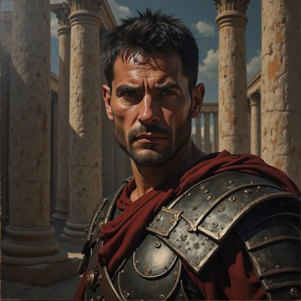 Dark painting of a male Roman soldier, Pedro Pascal, Roman armor, face centered, Roman temple image background