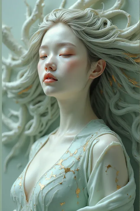 Core Idea：
1. Broken Porcelain Aesthetics：Using Song Dynasty ice cracked celadon as a base，Cracks naturally outline the female body，Symbolize traditional rules and cracks for women；
2. Gold Healing Regeneration：Repairing Cracks with 24K Gold Foil，Many mode...