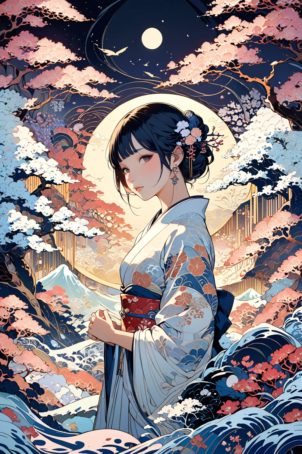  masterpiece,Highest quality,1 girl,(fractal art), Ukiyo-e Style,Anime style,