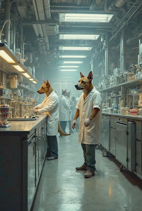 A laboratory were all the workes have dog heads for heads