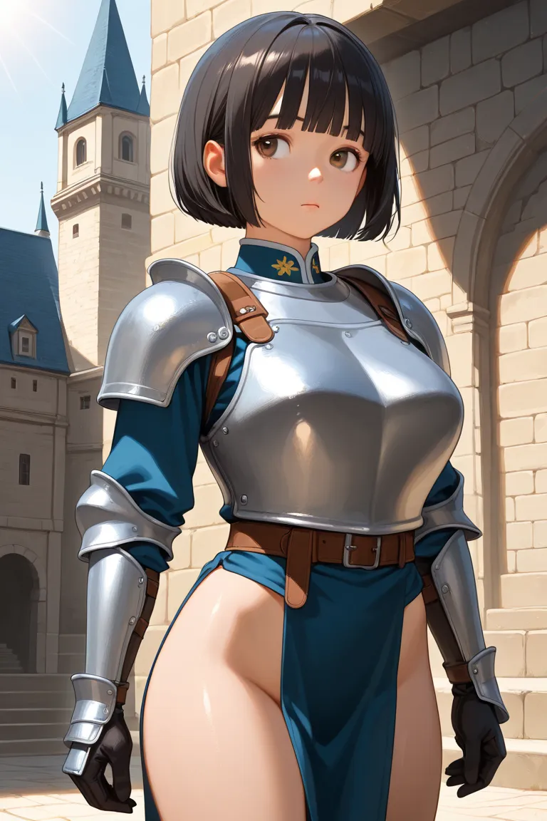 1girl, solo, standing, cowboy shot, 
BREAK girl, 22yo, short hair, bob cut, ear, (blunt bangs), black hair, (tareme:1.2), detailed cute brown eyes, curled eyelashes, (large breasts:0.8), 
beautiful eyes, beautiful face, 
female soldier, white plate armor, ...