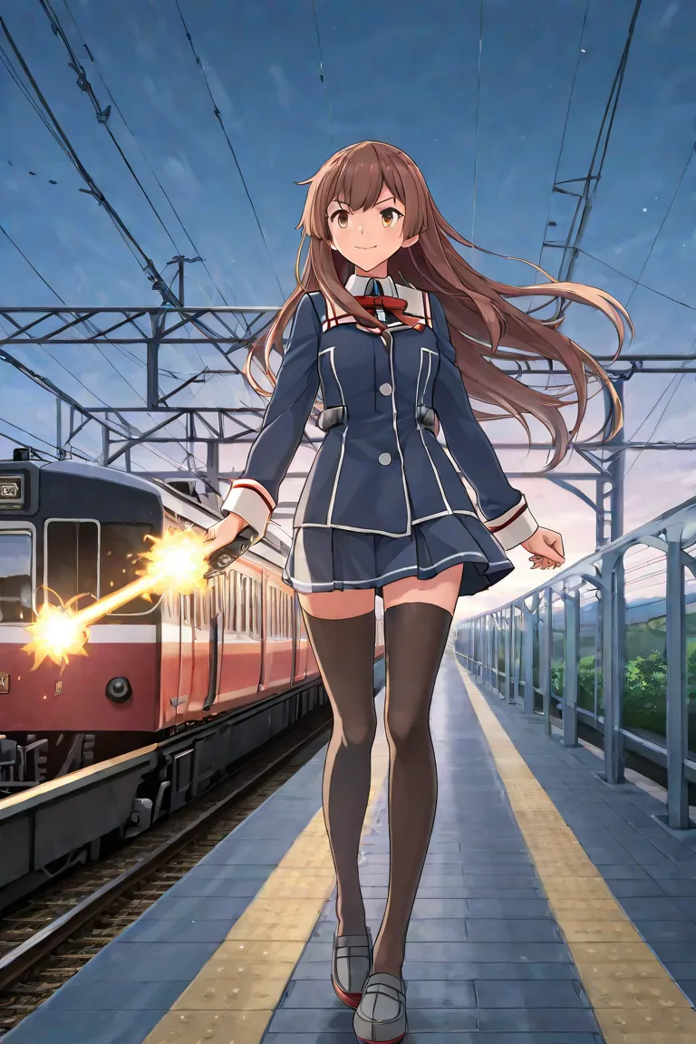 A long-haired anime girl is walking on the train platform,  Fleet Collection Style , Railgun, Konpeki no Kantai , Kantai Collection アーケード, Kantai Collection, Makoto Shinkaiスタイル, cute girl anime visual, Makoto Shinkaiのアートスタイル,   Beautiful Anime High School ...