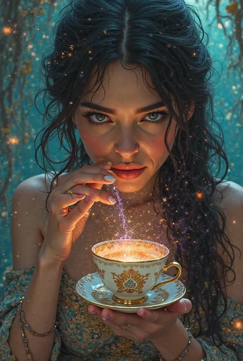 Sexy woman drinking psychedelic tea in a parallel world 