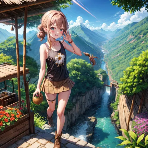 pink brown brown gold hair、 eye、  Has hair tied  、Two cute people、 Check Mini Skirt、  black t-shirt、 Light clothing、 tank top、 camisole、high socks、 Boots、 teeth inside、  The Road Is Crooked 、Mountain々、Stick together  、 bamboo forest、 chest pocket  、rock sa...