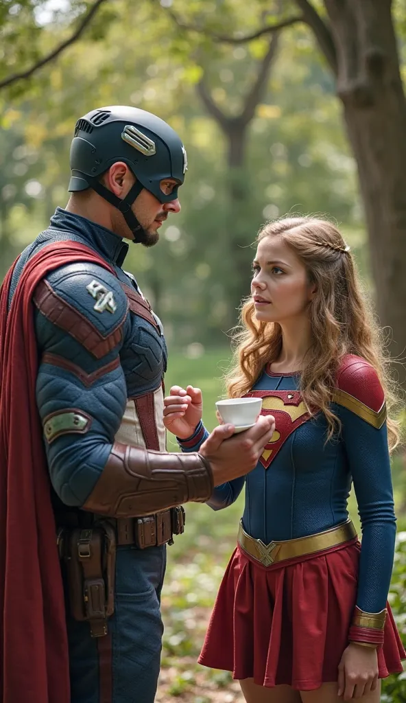 Captain America proudly presents a cup of tea to Super Girl in the garden, smiling. Super Girl takes a sip and immediately reacts with shock, spitting it out. She exclaims, Her face shows discomfort while Captain America looks embarrassed