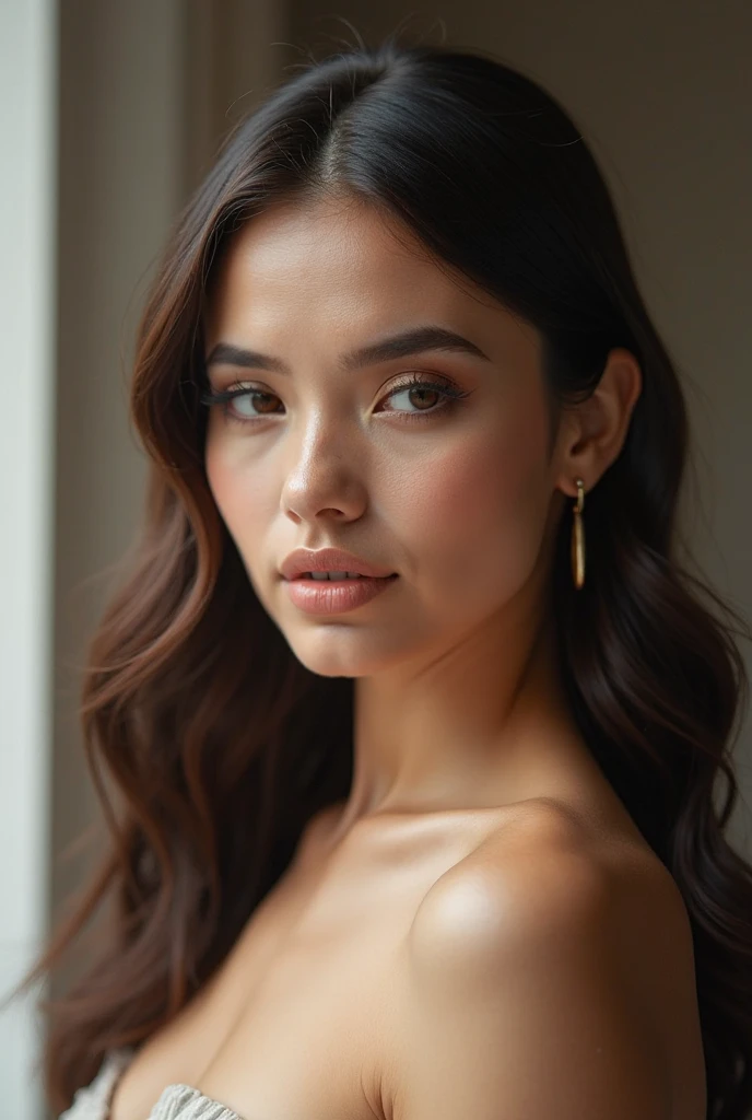 Create an image of a woman with a perfectly snatched jawline, gazing to the left. The image should capture her face and shoulders, highlighting her sculpted features. She has dark brown, straight, flowing hair that frames her face elegantly. Her makeup is ...