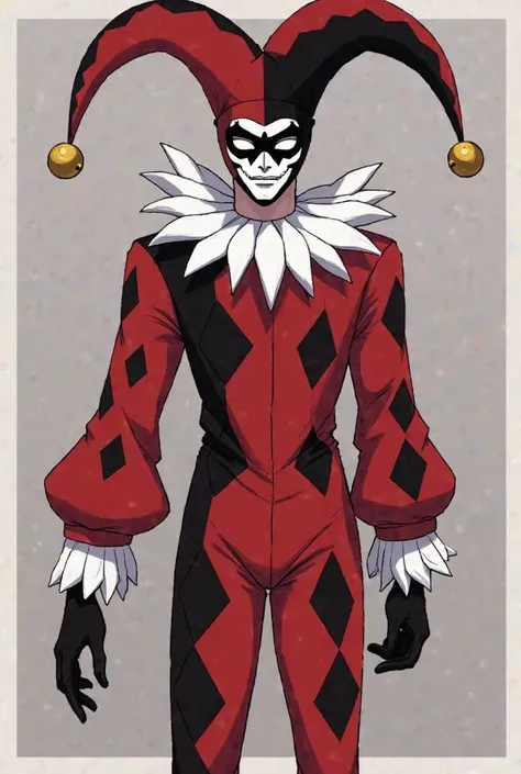 Rune Valentine wears a white frailed collar jester suit with red and black stripes as its bodice and puffy red sleeves with white frailed cuffs. He wears a matching black gloves and red pants woth black diamond designs with black jester boots. He also wear...