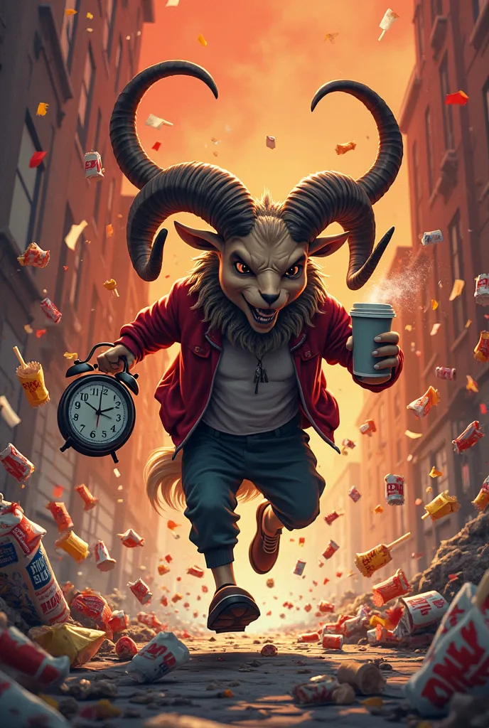 Aries ram running with a coffee cup in one hand and a clock in the other, fast-food wrappers flying around, cartoonish chaos, red and black tones.