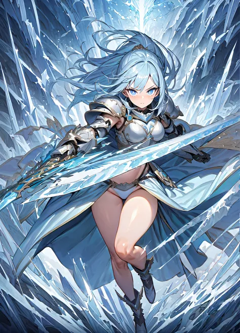 ((( masterpiece, Highest quality, High Precision, 16k))), A girl holding a sword in her hand, female goddess, 豪華なsword, ice frozen sword,  Plate Sword , (close-up of sword),  pale blue eyes , light blue hair, big breasted, White Bikini Dress, Light blue cl...