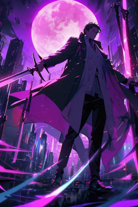 dynamic scene, with a full moon scene in the background, lit by a red and purple light, neon tones, with several dark swords pointed downwards, rotating the swords, surrounding the city sky, long swords of symmetrical size, while, a single man, wearing a c...