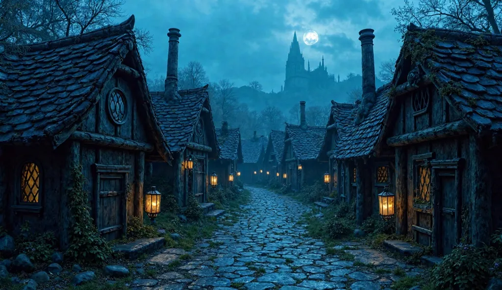 A mystical neighborhood in Nocthara, composed of small, single-story hexagonal houses, built from polished black jasper that subtly reflects the moonlight. Each house has steeply pitched roofs, made of natural black slate tiles, partially covered in moss a...