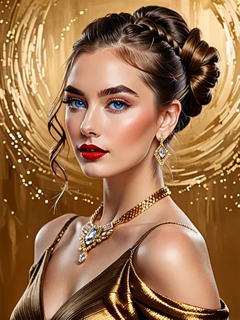 A man with blue eyes. He was tall and handsome wearing a brown suit. He was hugging from the back a beautiful lady with dark eyes that was wearing a gold off shoulder with a diamond dress. She was wearing a gold necklace. Her lips were covered with red lip...