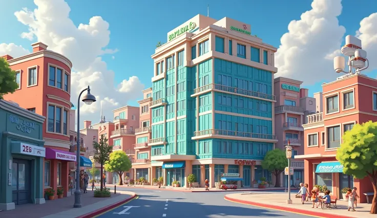 3d pixar cute style. Many eye hospitals in big cities. There is a very beautiful modern building in the middle of the picture.