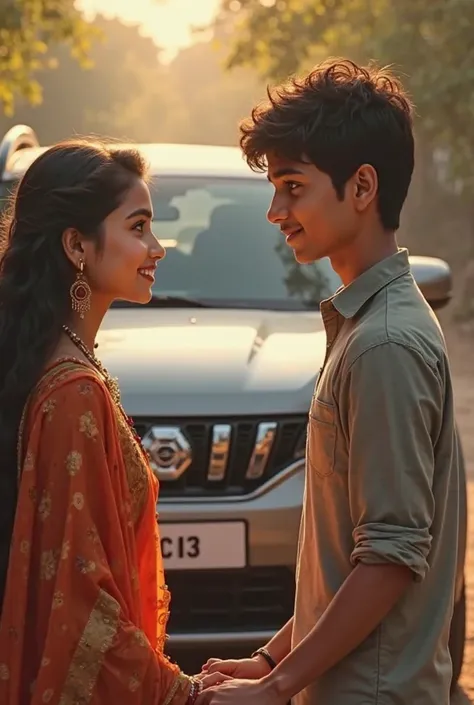  A very cute girl who is an Indian, a very smart boy is pursuing her, there is a car in the background, Mahindra Scorpio, the number plate of the car has S and R 143 written on it.