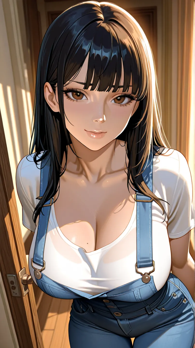 alone,white shirt,long black hair , straight bangs,sexy face,high resolution,sharp eyes,Beautiful, big eyes,Oversized eyes,bitter eyes,Ebony,Arrowhead,white and clean skin, jeans,very seductive and very huge boobs, Very detailed,\\)sexy body,recent,  irrit...