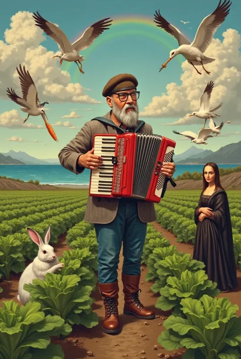 Man wearing a beret and boots with magnifying glasses playing the accordion in a cabbage field with a rainbow in the background and the sea and mountains in the background with a rabbit on the left eating carrots , 5 storks in flight and one on the ground ...