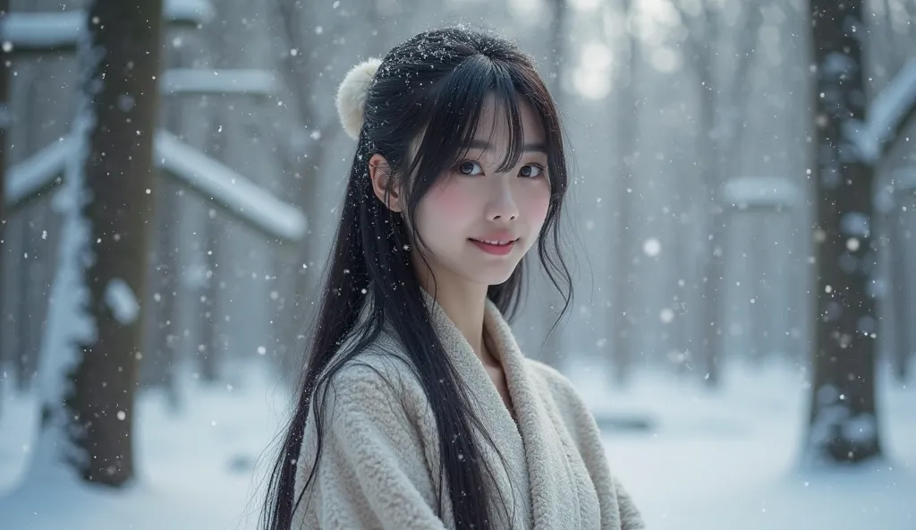  High quality. A real Oriental Japanese girl with 18 years old with beyond floor length black hair and see her "whole" body wearing thick lambswool traditional Wafuku standing nearby hot springs inside the forest, must see her whole body. The scenario of f...