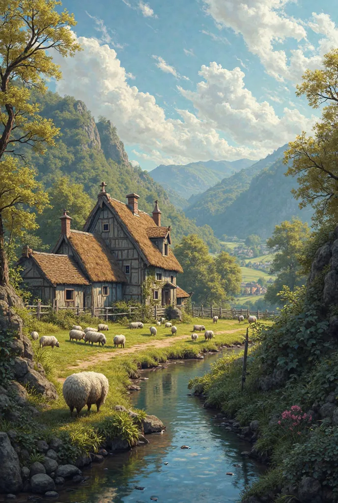 Un petit village au bord d’une rivière avec un enclos avec des moutons un paysage broussailleux 