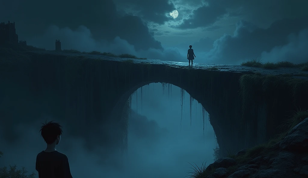 A terrifying, otherworldly scene: An ancient stone bridge suspended over an endless void. The sky is pitch-black, devoid of stars or moon, as thick swirling mist coils around the bridge’s edges. A lone young man with short dark hair stands near the parapei...