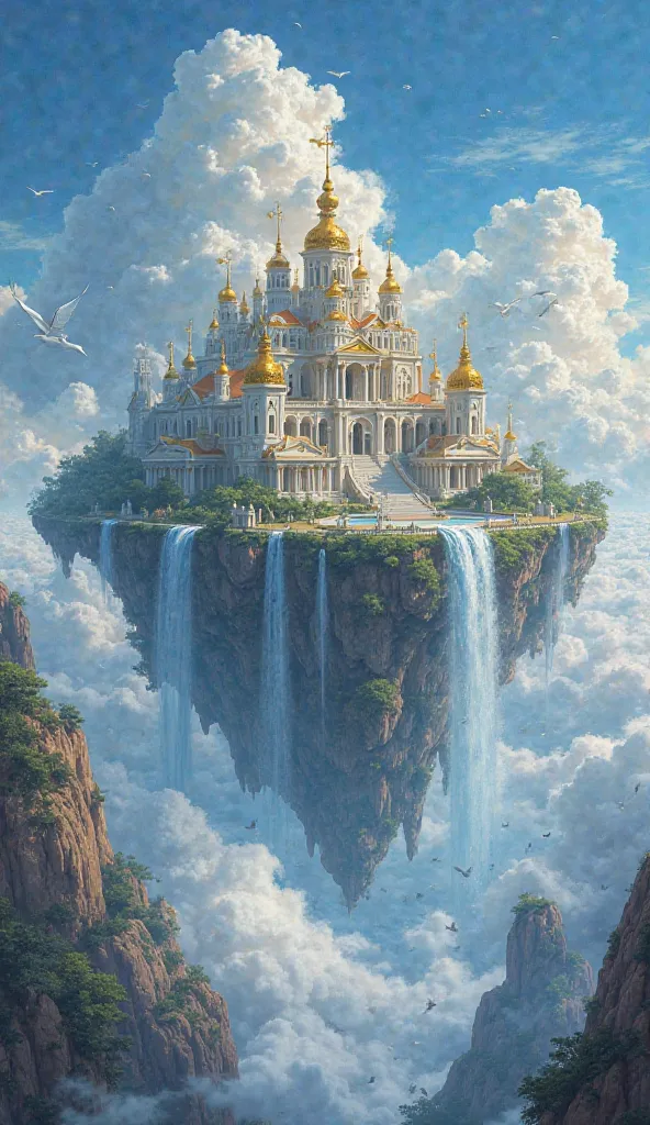 **Prompt:**  
"A grand heavenly city rests on an island floating among the clouds, with majestic temples of classical architecture adorned with golden columns and ornate roofs. Crystalline waterfalls gently fall from the edges of the island, evaporating in...